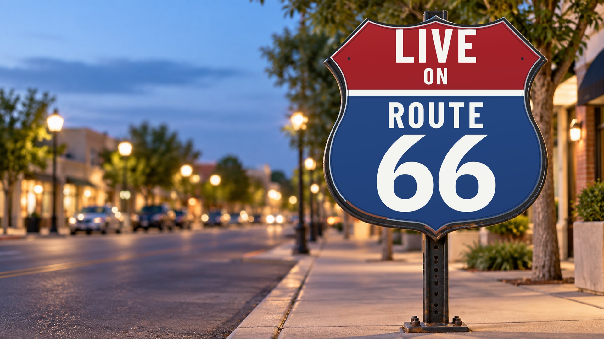 Conceptual marketing image of the approved red and cobalt LIVE ON ROUTE 66 sign mounted on a real-looking metal post beside a maintained urban road