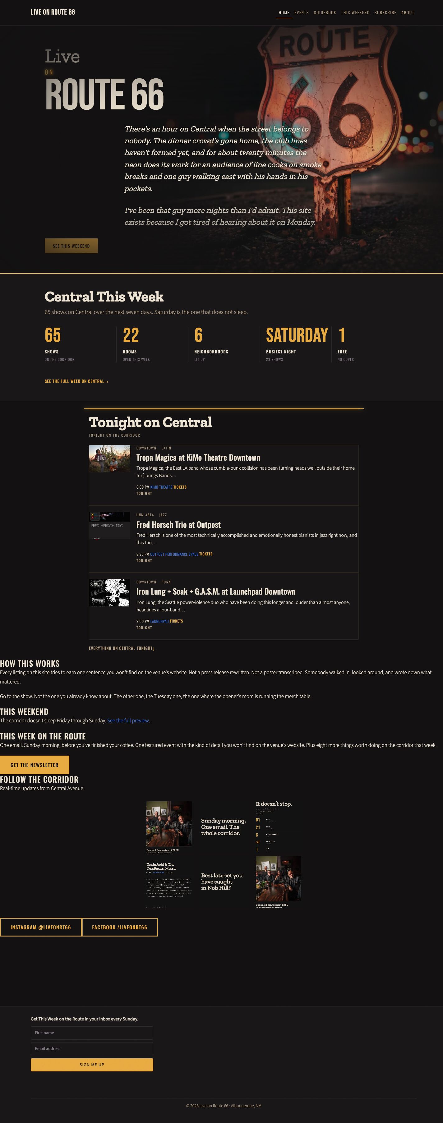 Actual Live on Route 66 homepage captured September 16, 2026